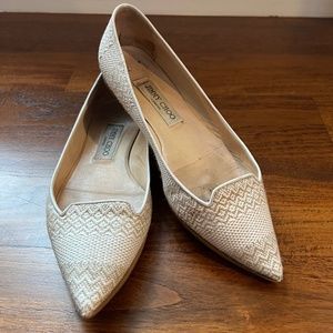 Jimmy Choo White Flat Woven Raffia Fabric & Leather (38)